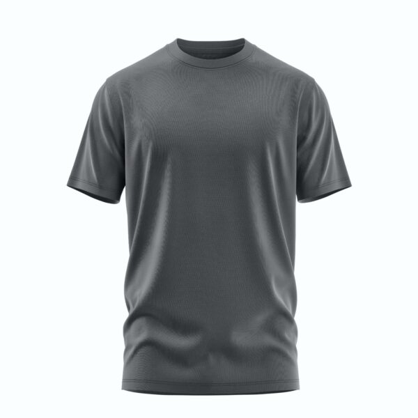 A sleek steel gray blank t-shirt on a flat surface.