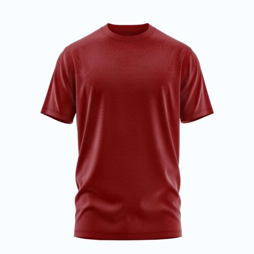 A rich crimson-colored blank t-shirt on a flat surface.