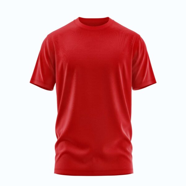 A vibrant red blank t-shirt on a flat surface.