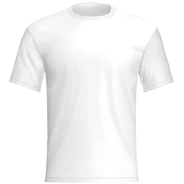 A classic white blank t-shirt on a flat surface.